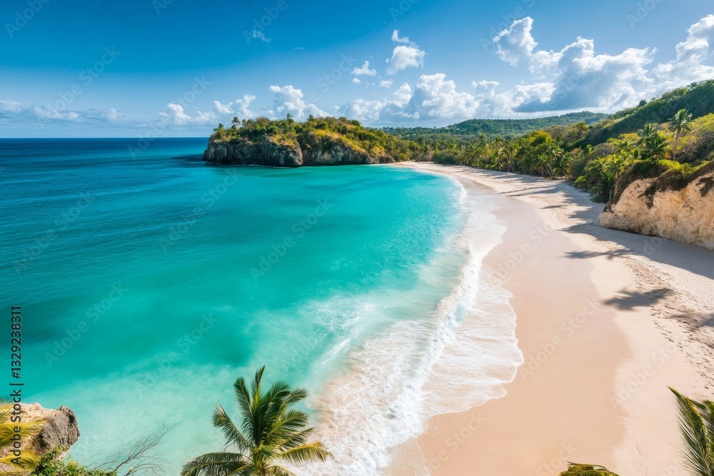 A vibrant tropical beach with crystal-clear turquoise water, white sand, and palm trees swaying under a bright blue sky A vibrant tropical beach with crystal-clear turquoise water, white sand, and palm trees swaying under a bright blue sky