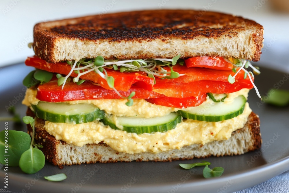 A vibrant vegetarian sandwich with hummus, roasted red peppers, cucumber, and sprouts, on whole-grain bread A vibrant vegetarian sandwich with hummus, roasted red peppers, cucumber, and sprouts, on whole-grain bread