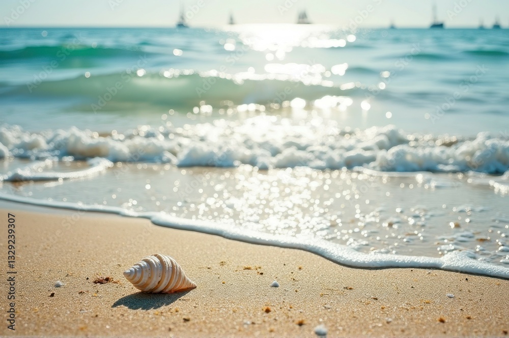 Seashell on sandy beach with waves and distant boats in sunlit seascape Seashell on sandy beach with waves and distant boats in sunlit seascape