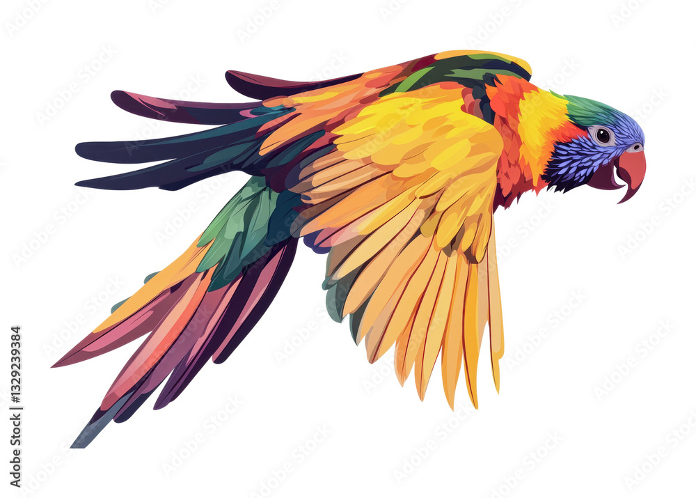 Fototapeta premium Colorful rainbow parrot in mid-flight with vibrant feathers, cut out