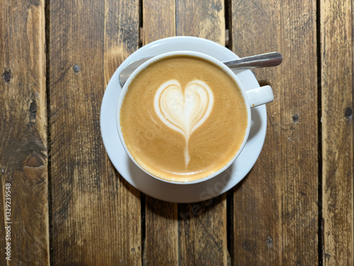 Close Up of an Oat Milk Latte Coffee in White Cup on a Rustic Wooden Table Background with Love Heart