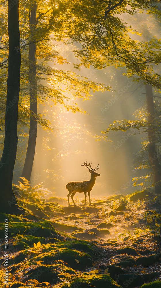 Fototapeta premium Mystical Dawn: A Serene Forest Scene with Graceful Deer Amidst Golden Sunlight and Fog