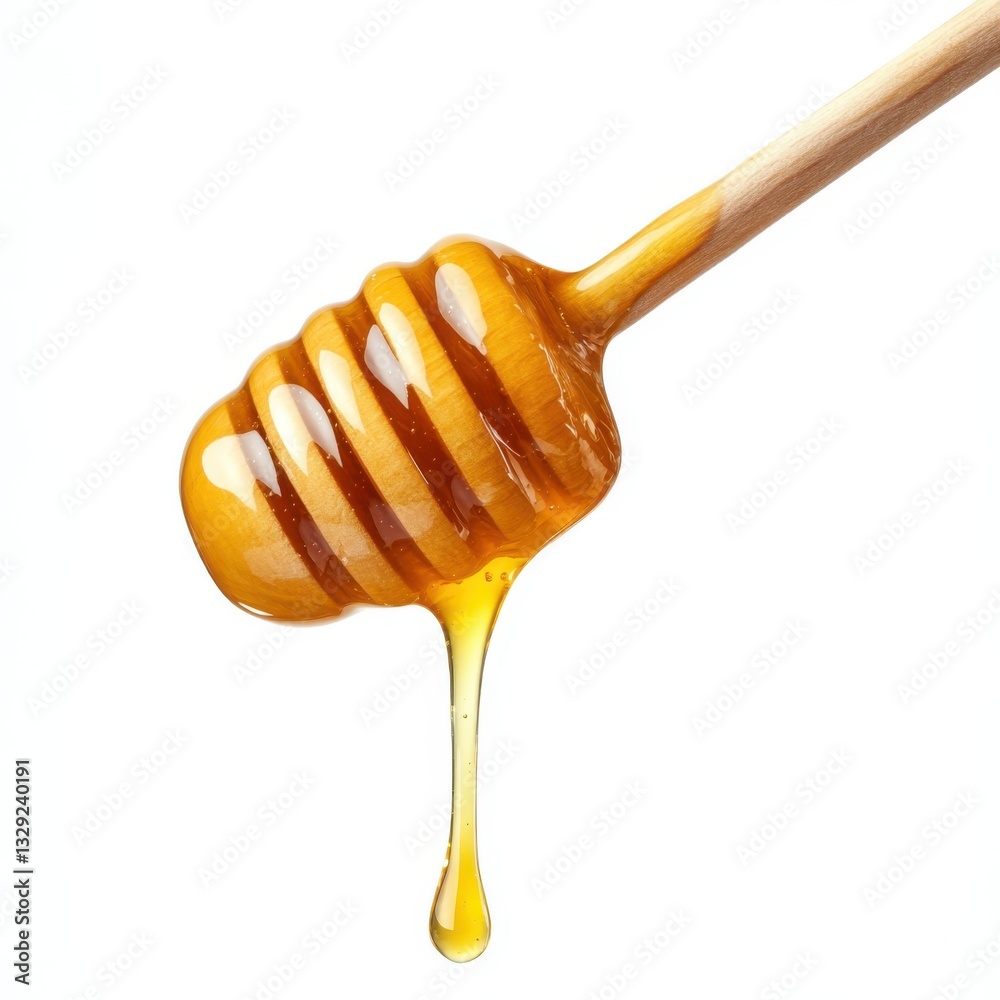 Honey dripping from wooden honey dipper on white background. Honey dripping from wooden honey dipper on white background.