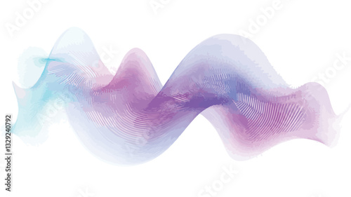 The image depicts a horizontal abstract waveform composed of translucent, pastel colors.  The dominant colors are shades of purple, pink, and blue, transitioning smoothly into lighter tones. The