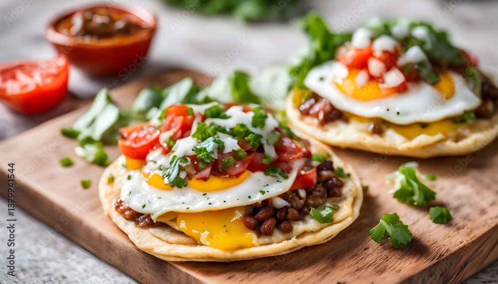Huevos Rancheros tostadas with fried egg, tomato salsa, bean paste and cheese on wooden board Huevos Rancheros tostadas with fried egg, tomato salsa, bean paste and cheese on wooden board