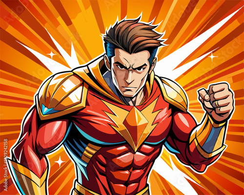 Powerful superhero with outstretched arms, dynamic comic book style illustration.