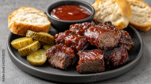 Chuck Brisket concept. Succulent brisket burnt ends glazed in barbecue sauce served on a platter