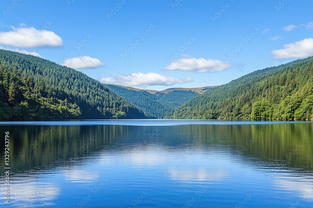 Serene lake nestled in a valley, surrounded by lush green forests under a vibrant blue sky. Tranquil water reflects the surrounding landscape Serene lake nestled in a valley, surrounded by lush green forests under a vibrant blue sky. Tranquil water reflects the surrounding landscape