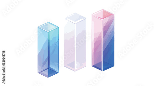 The image depicts three isometrically rendered glass prisms.  Each prism is rectangular with a square base and is rendered with a gradient of translucent colors. One prism displays a blue to light