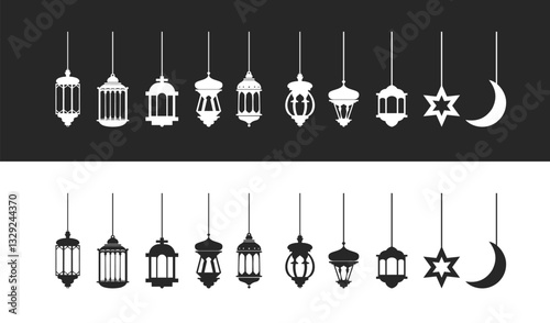 elegant islamic lamps. ramadan lanterns. Fanous line lantern, arabic lamps silhouettes vintage egyptian moroccan dubai eastern lamp for islamic mosque or arabian lighting, vector illustration.