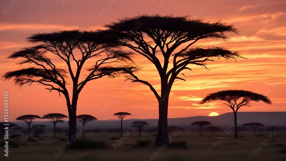 Fototapeta premium The Amboseli savanna in Kenya is a tranquil and breathtaking scene as the day comes to an end, with the golden light of the sunset illuminating the acacia silhouettes. 