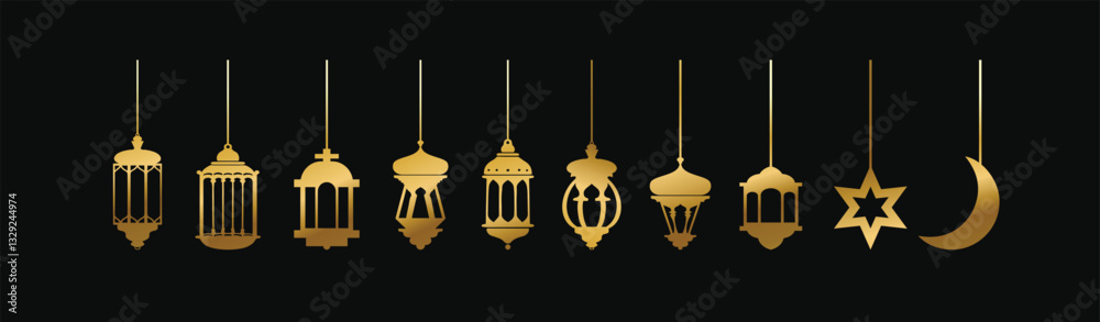 elegant islamic lamps. ramadan lanterns. Fanous line lantern, arabic lamps silhouettes vintage egyptian moroccan dubai eastern lamp for islamic mosque or arabian lighting, vector illustration. elegant islamic lamps. ramadan lanterns. Fanous line lantern, arabic lamps silhouettes vintage egyptian moroccan dubai eastern lamp for islamic mosque or arabian lighting, vector illustration.