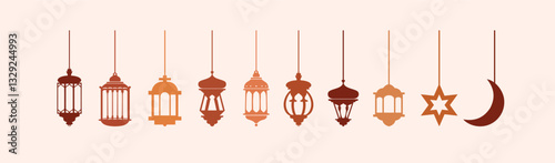 Arabic traditional Ramadan Kareem eastern lanterns garland. Muslim ornamental hanging golden lanterns, stars and moon vector illustration. Islamic oriental garland. Muslim holiday lantern traditional