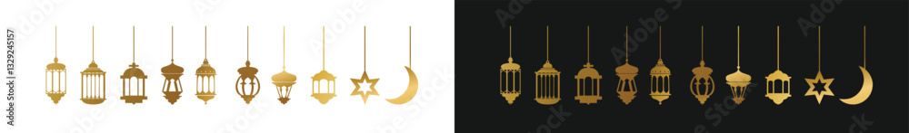 Set of ramadan Gold lanterns in white silhouette, collection of flat style design vector illustrations of happy ramadan lantern decoration. isolated on black and white background Set of ramadan Gold lanterns in white silhouette, collection of flat style design vector illustrations of happy ramadan lantern decoration. isolated on black and white background