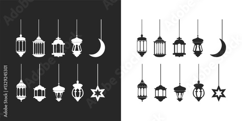 Arabic traditional Ramadan Kareem eastern lanterns garland. Muslim ornamental hanging golden lanterns, stars and moon vector illustration. Islamic oriental garland. Muslim holiday lantern traditional
