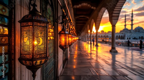 Beautiful Sunset Over Mosque with Traditional Lanterns Illuminating Walkway