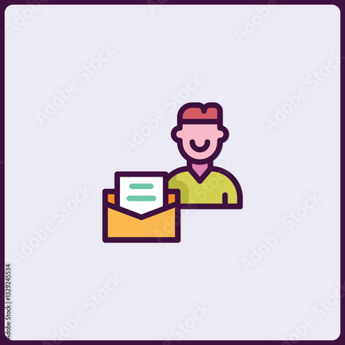 Cheerful person with open envelope featuring document icon communication