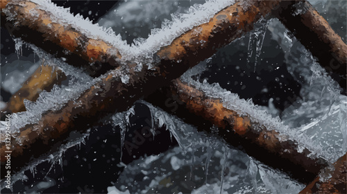 Close-up shot of several dark brown wooden poles intertwined.  The poles are partially covered with ice crystals and wet, with water droplets visible. The background is dark and indistinct,