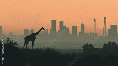 The image depicts a stylized silhouette of a giraffe standing in the foreground, positioned against a hazy, orange-hued cityscape at either dawn or dusk.  The city skyline is rendered in dark