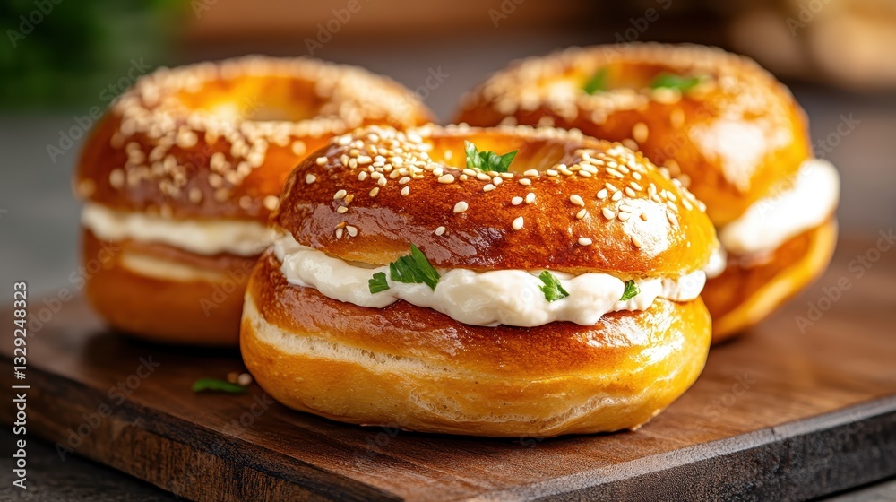 Three stacked bagels filled with creamy goodness and topped with fresh herbs, exuding a sense of freshness and gourmet delight for food enthusiasts in culinary design. Three stacked bagels filled with creamy goodness and topped with fresh herbs, exuding a sense of freshness and gourmet delight for food enthusiasts in culinary design.