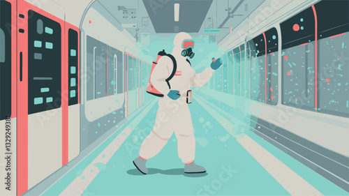 A stylized illustration depicts a person in a white protective suit and respirator walking down a corridor of server racks. The background is a clean, bright corridor with rows of technological