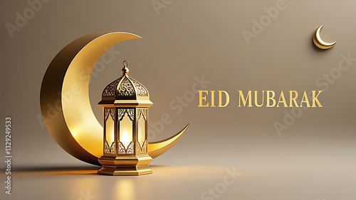 A Glowing Eid Mubarak Lantern Rests Beside A Crescent Moon, Symbolizing Hope And Celebration During This Joyous Festival With Elegant Gold Tones And A Soft, Neutral Background Isolated on Transparent