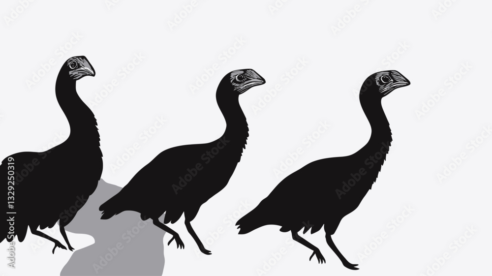 Fototapeta premium The image presents a minimalist illustration of three black birds depicted in profile view against a white background. The birds are rendered as solid black silhouettes with minimal detail,