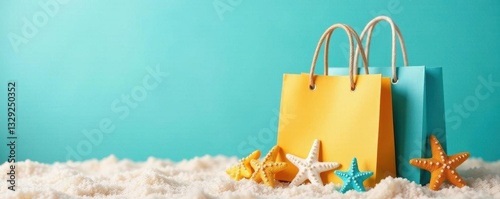 Stylish summery Black Friday shopping bags with starfish embellishments ,  waves,  summertime, Black Friday