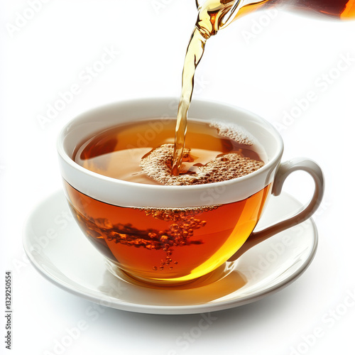 A cup of tea being poured isolated on white background.