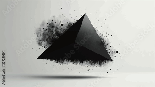 The image features a three-dimensional render of a black, triangular pyramid against a white background. The pyramid appears to be floating slightly above a surface, with a cloud of dark dust or