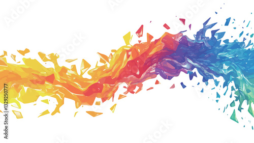 The image depicts a stylized, abstract wave-like form composed of fragmented, crystalline shapes.  The color palette progresses smoothly through the spectrum of the rainbow, from warm oranges and