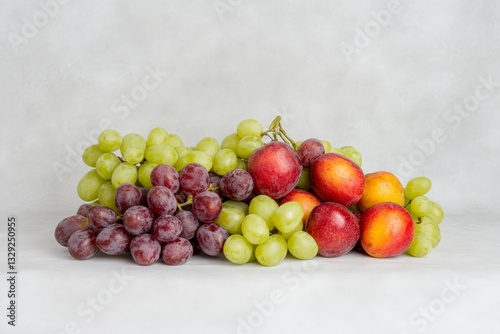 A still life arrangement of various colorful grapes and apples on a neutral background showcasing healthy fruit choices organic farming and food industry representation