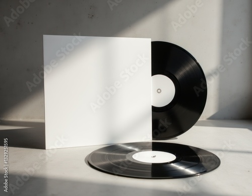Vinyl mockup with blank cover on cozy bookshelf setting.