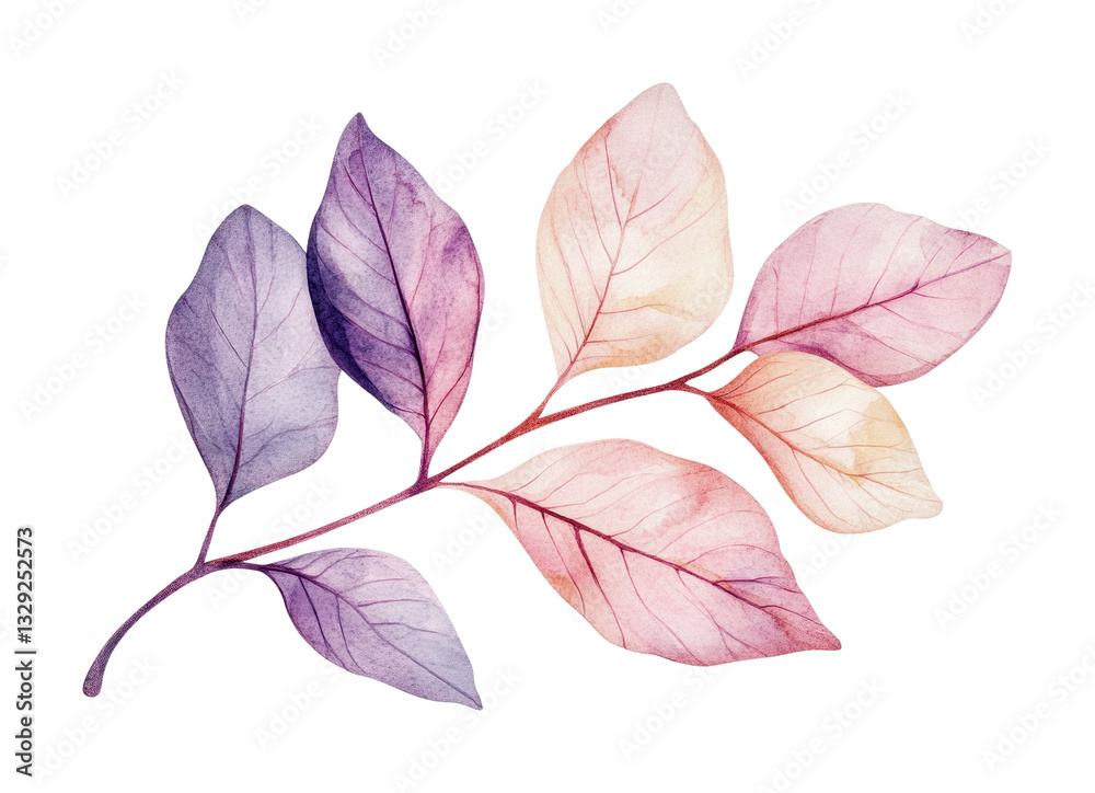Obraz premium Elegant watercolor leaves in pastel shades of purple and pink with delicate branch, cut out
