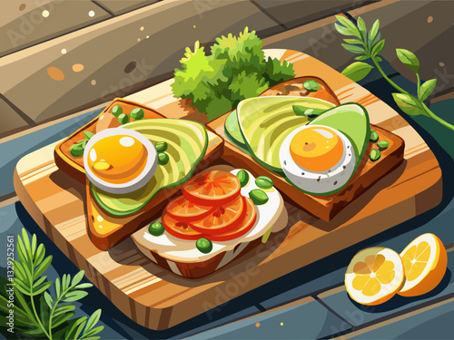 vector of  Toasted bread with avocado, eggs, and salmon served on a wooden board, concrete background