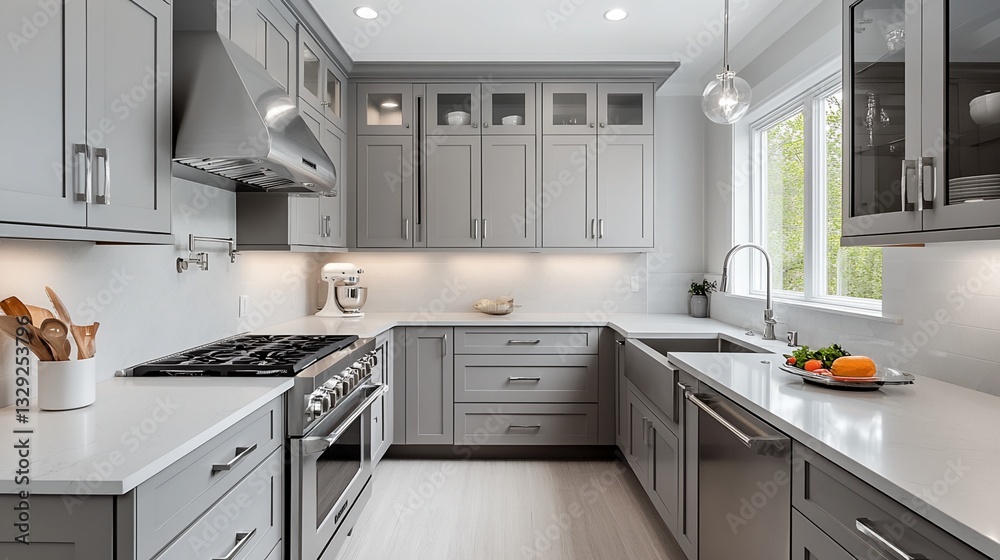 Fototapeta premium Modern Gray Kitchen with Stainless Steel Appliances and Quartz Countertops