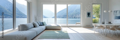 Modern lake view living room with sectional sofa, dining area, and large windows.