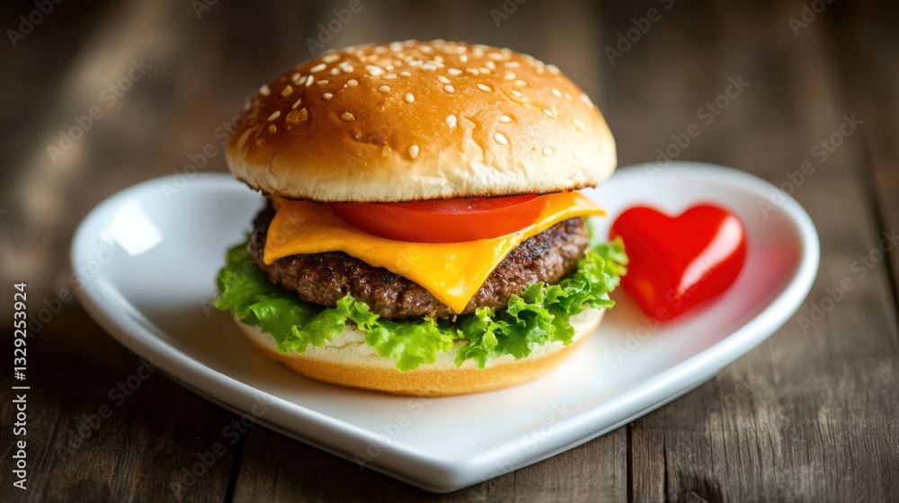 A gourmet burger with a toasted bun, lettuce, tomato, and cheddar, placed on a white heart-shaped plate A gourmet burger with a toasted bun, lettuce, tomato, and cheddar, placed on a white heart-shaped plate