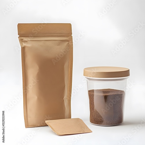 Brown Kraft Paper Pouch and Glass Jar with Seeds on White Background