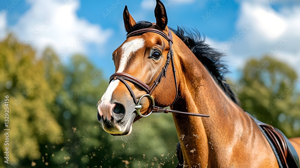 Obraz premium Majestic Brown Horse in Bridle Under Blue Sky and Bright Clouds
