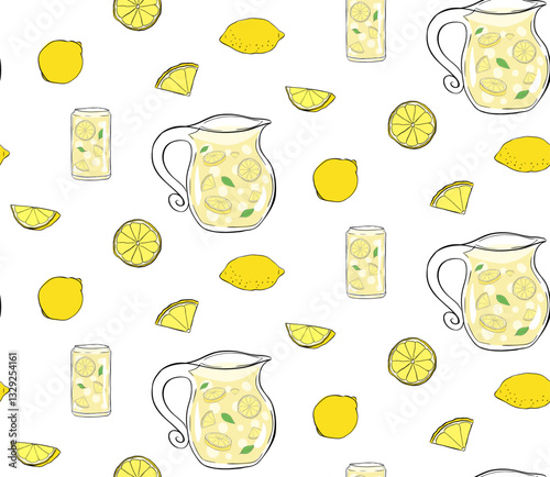 Citrus fruits lemonade seamless pattern. Vector graphic line ink illustration for package, kitchen design, fabric and textile.