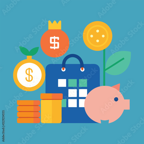 Smart Financial Planning Money, Coins, Piggy Bank & Calendar