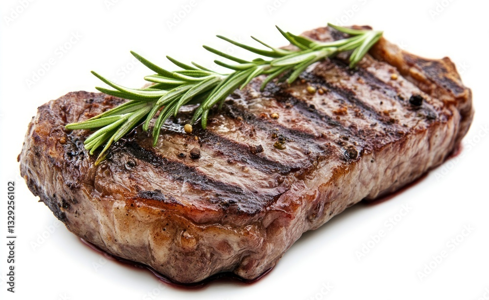 Grilled Steak Garnished with Rosemary Sprig on White for Menu Design Grilled Steak Garnished with Rosemary Sprig on White for Menu Design