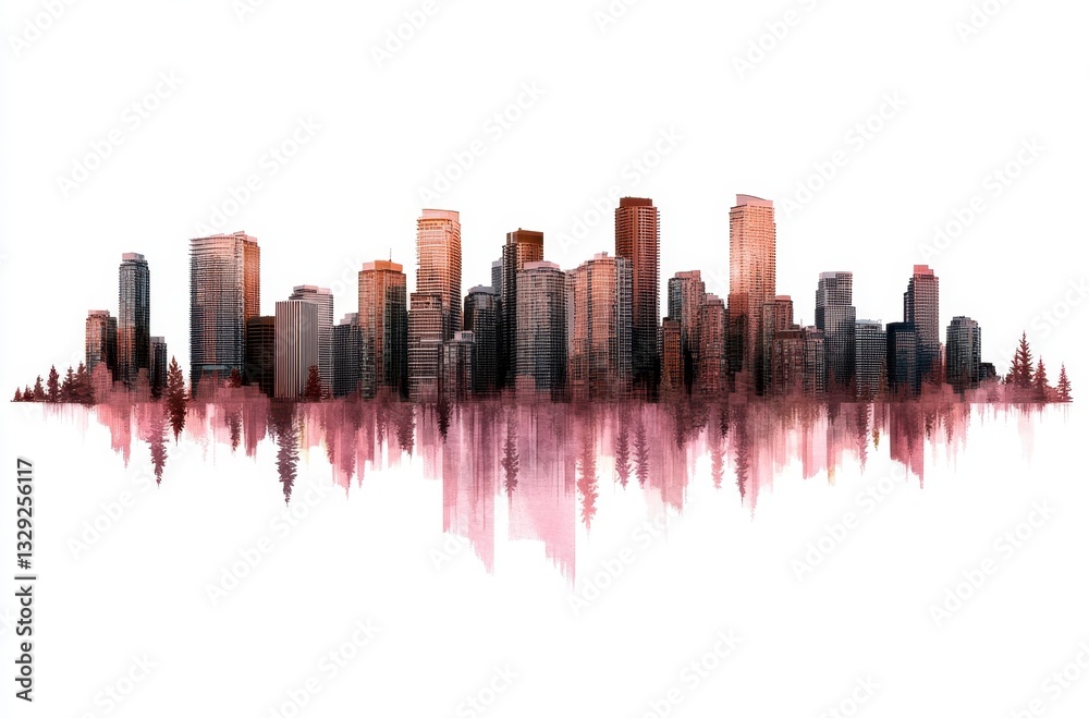 Fototapeta premium Pixelated Cityscape Reflection in Watercolor Wash