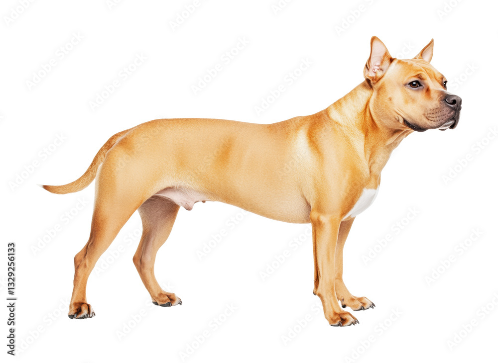 Side profile of alert tan pit bull terrier standing on white background, cut out Side profile of alert tan pit bull terrier standing on white background, cut out