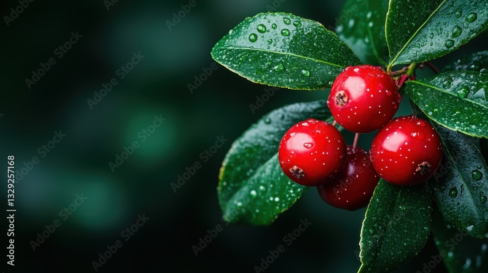 This close-up captures the stunning beauty of red cherries with gleaming water droplets, surrounded by rich green leaves, symbolizing freshness and nature's bounty. This close-up captures the stunning beauty of red cherries with gleaming water droplets, surrounded by rich green leaves, symbolizing freshness and nature's bounty.