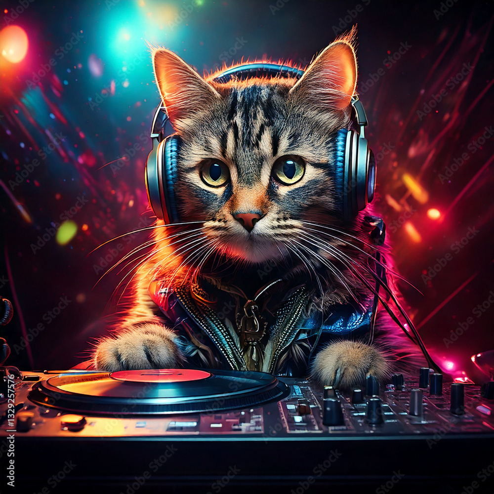 DJ cat playing on the party