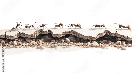 A high-resolution close-up image showing a cross-section of an ant nest against a stark white background.  The image displays numerous ants moving within the complex network of tunnels and