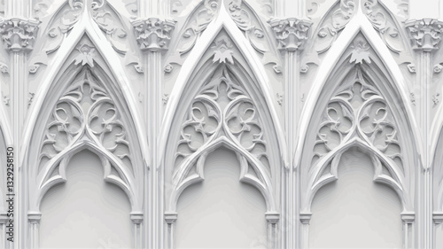 Close-up view of a repeating pattern of white architectural details, possibly from a building facade. The details are in a gothic style, featuring pointed arches, intricate carvings, and floral