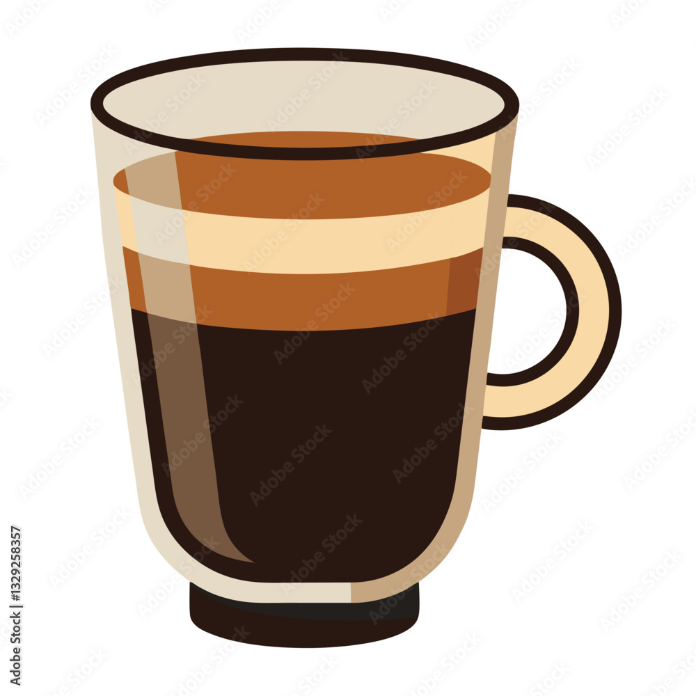 Coffee mug illustration, layered coffee drink, espresso macchiato, flat vector design, minimalist style, transparent glass, warm color palette, brown and beige tones, black outline, Coffee mug illustration, layered coffee drink, espresso macchiato, flat vector design, minimalist style, transparent glass, warm color palette, brown and beige tones, black outline,